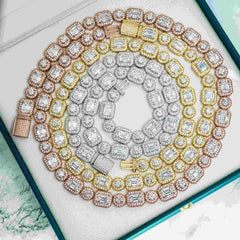 12MM Round&Rmerald Cut VVS Moissanite Luxury Cuban Chain Necklace