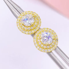 【US 3 Days Delivery】GL 10mm Full Moissanite lced Out Double Halo 16K Gold Plated S925 Silver Earrings