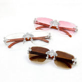GL Hip-Hop Rimless Sunglasses VVS Moissanite Inlay Cross Bridge & Multicolor Lenses Wooden Arms