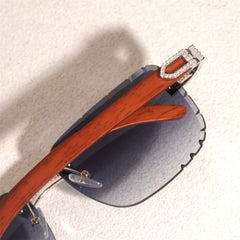 GL Hip-Hop Rimless Sunglasses VVS Moissanite Inlay Bridge & Multicolor Lenses Wooden Arms