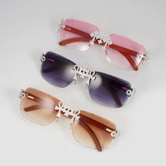 GL Hip-Hop Rimless Sunglasses VVS Moissanite Ankh Bridge & Multicolor Lenses Red Wooden Arms