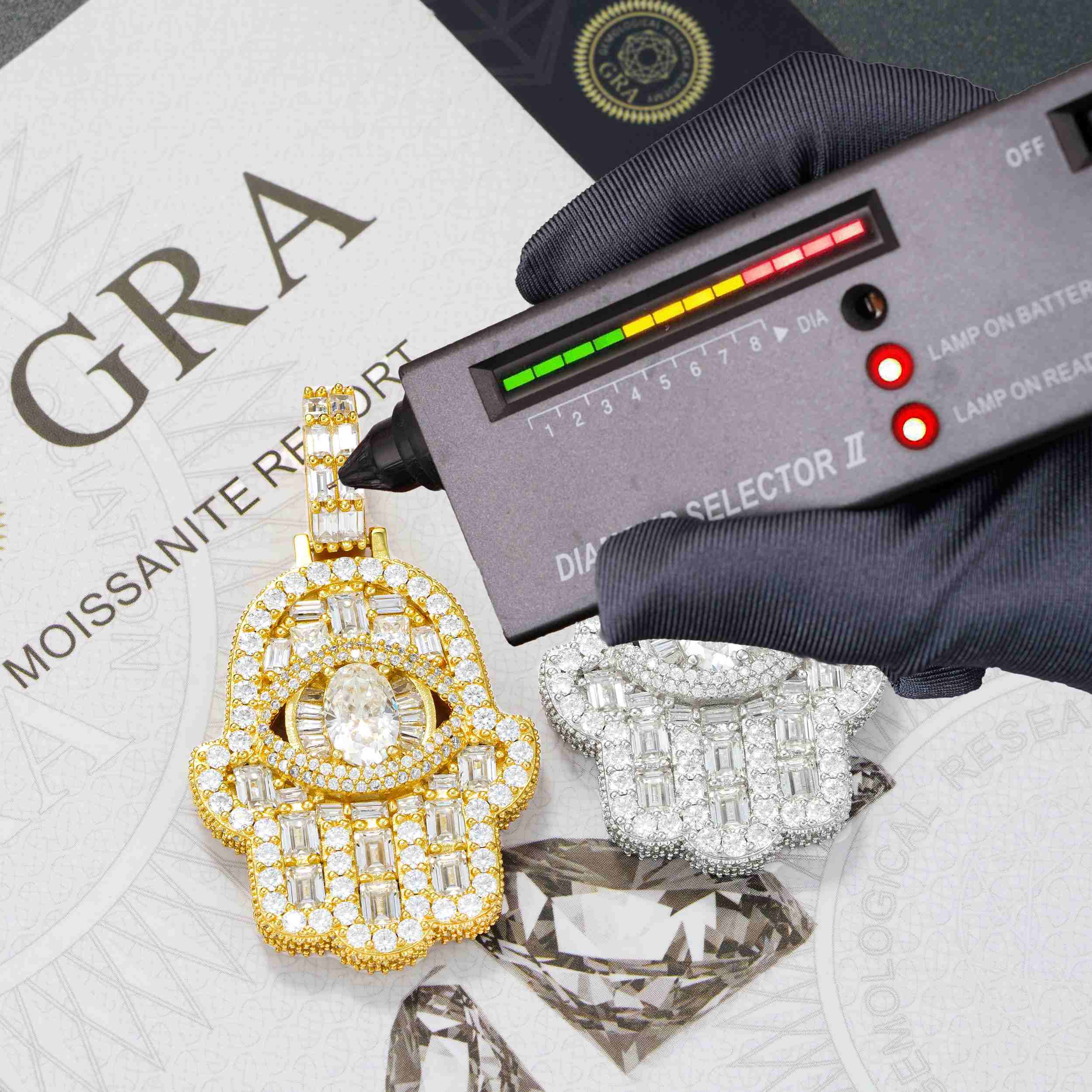 GL Iced Out Hand of Fatima Brass 5A+ Diamond Pendant