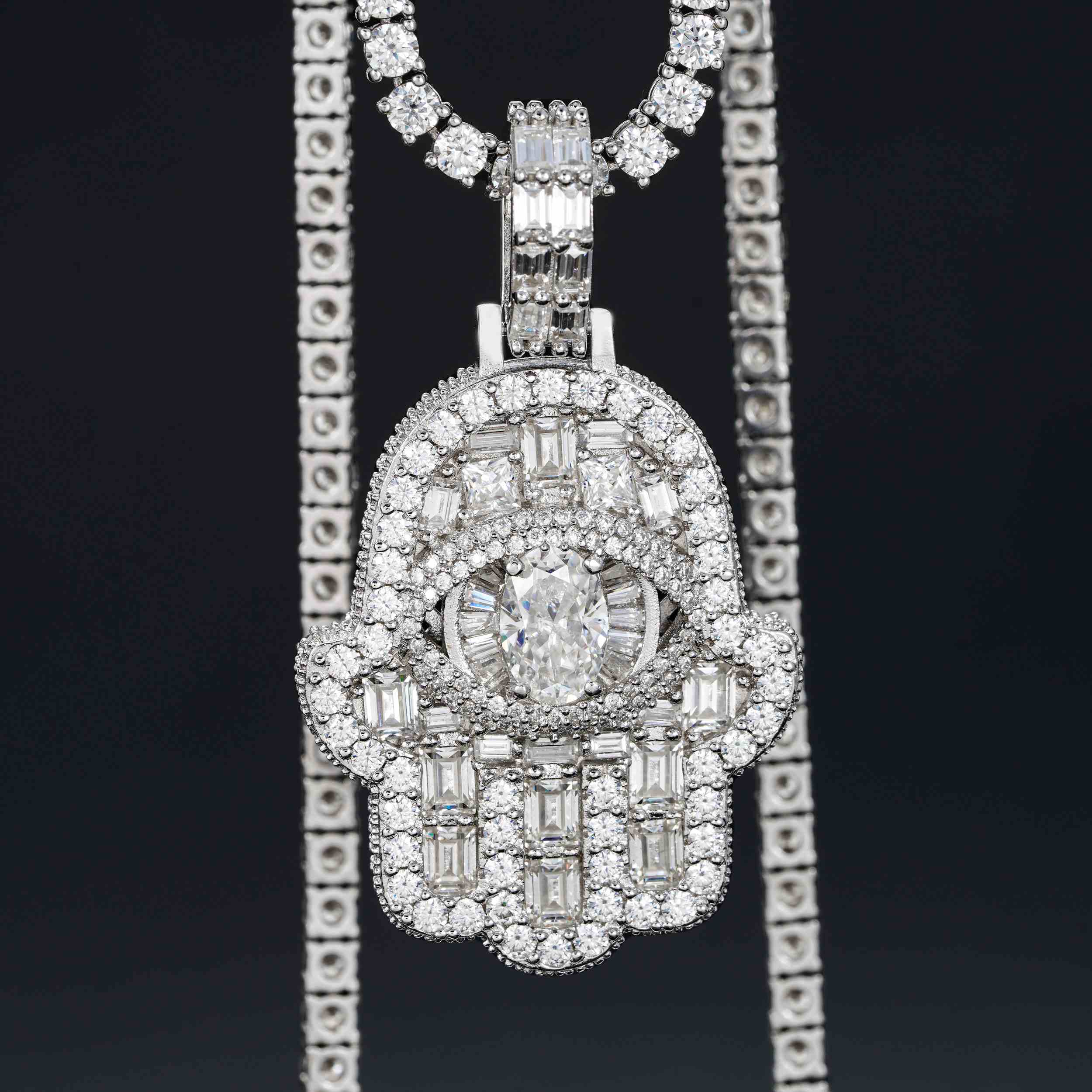 GL Iced Out Hand of Fatima Brass 5A+ Diamond Pendant
