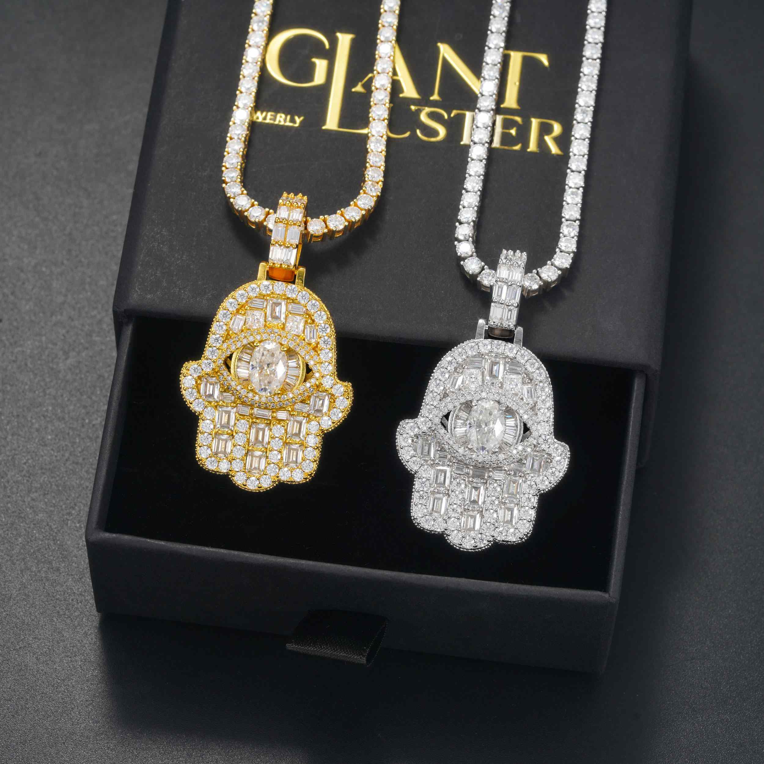 GL Iced Out Hand of Fatima Brass 5A+ Diamond Pendant