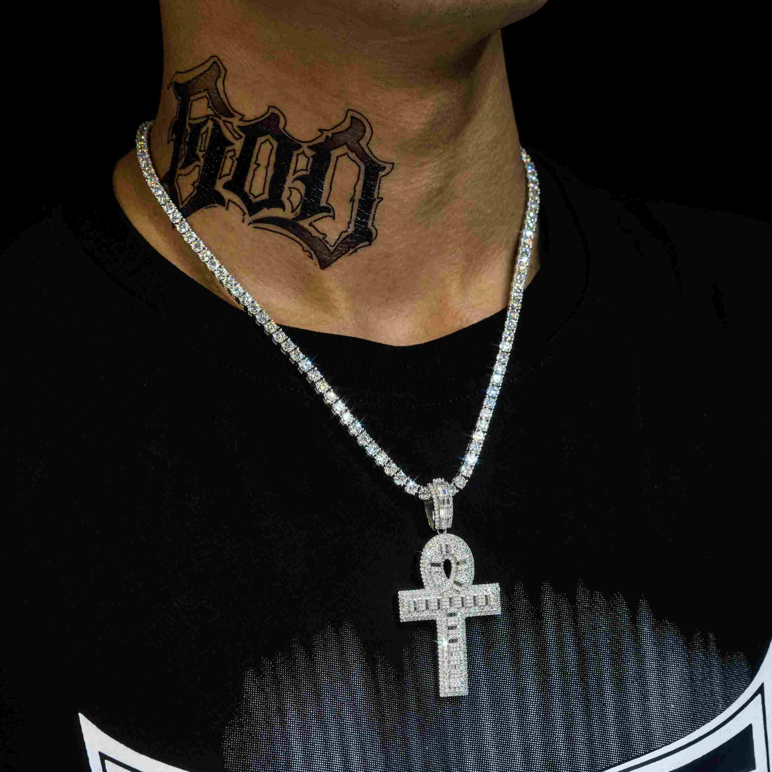 GL Ankh Silver VVS Emerald Cut Moissanite Diamond Cross Pendant