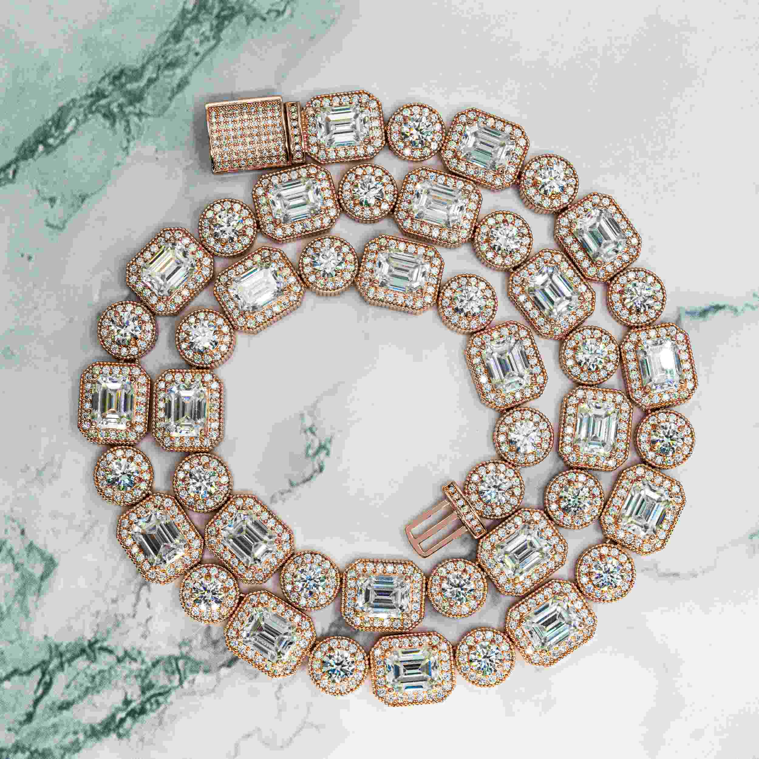 12MM Round&Rmerald Cut VVS Moissanite Luxury Cuban Chain Necklace