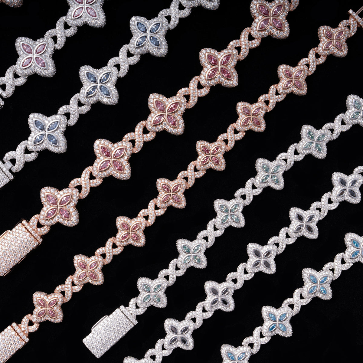 GL 15MM Colored Moissanite 4-Leaf Clover Infinity Link Bracelet
