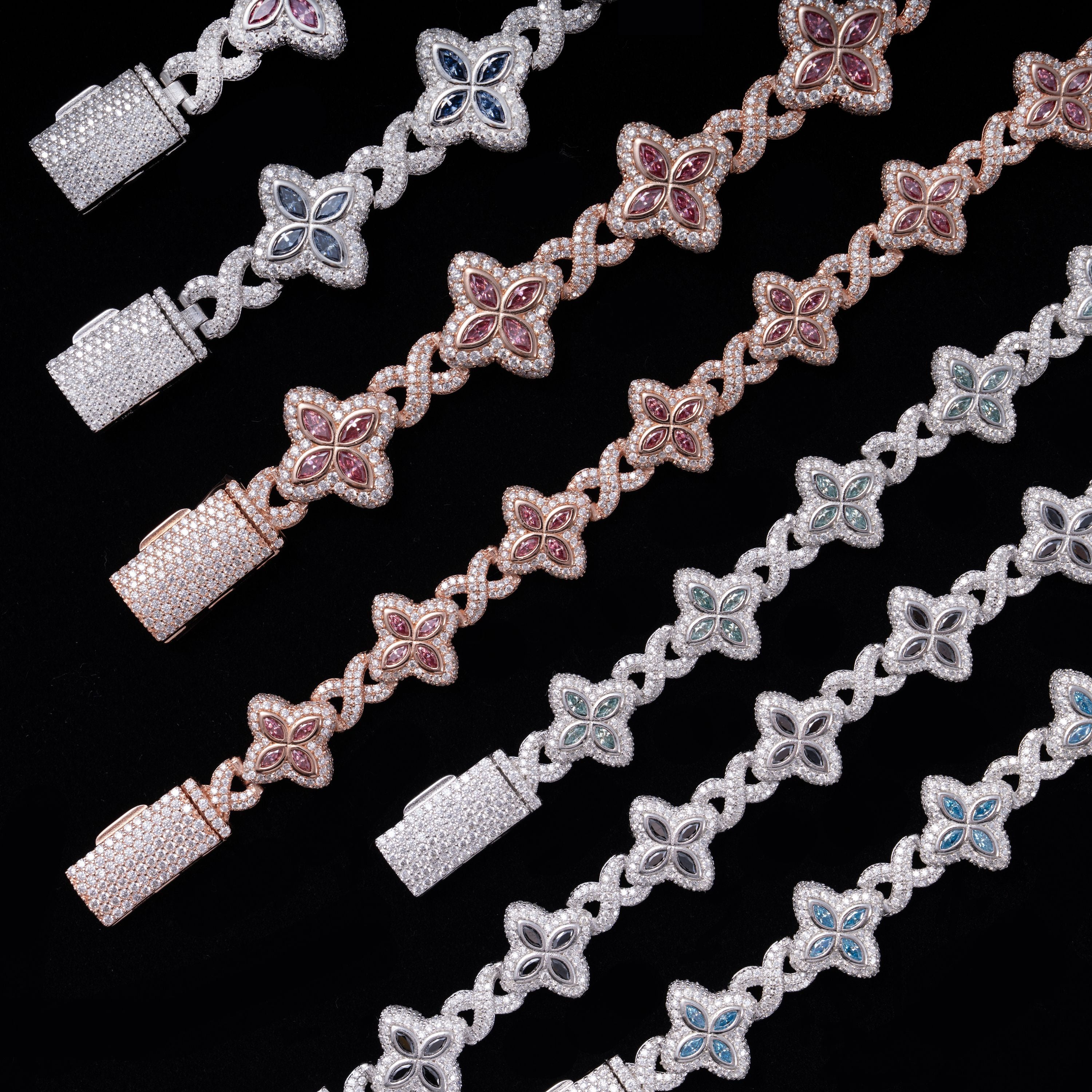 GL 15MM Colored Moissanite 4-Leaf Clover Infinity Link Bracelet
