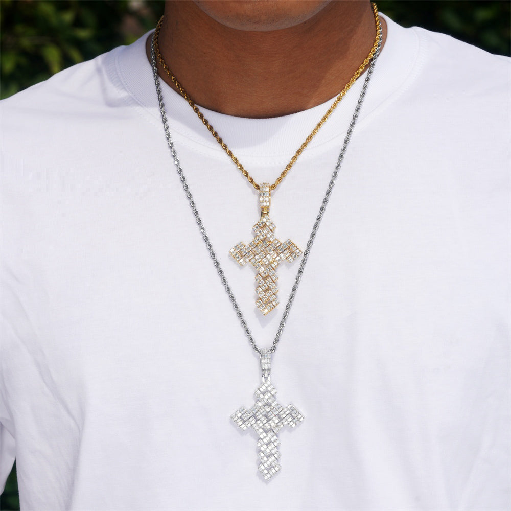 GL Emerald Cut Moissanite Cube Style Cross Pendant