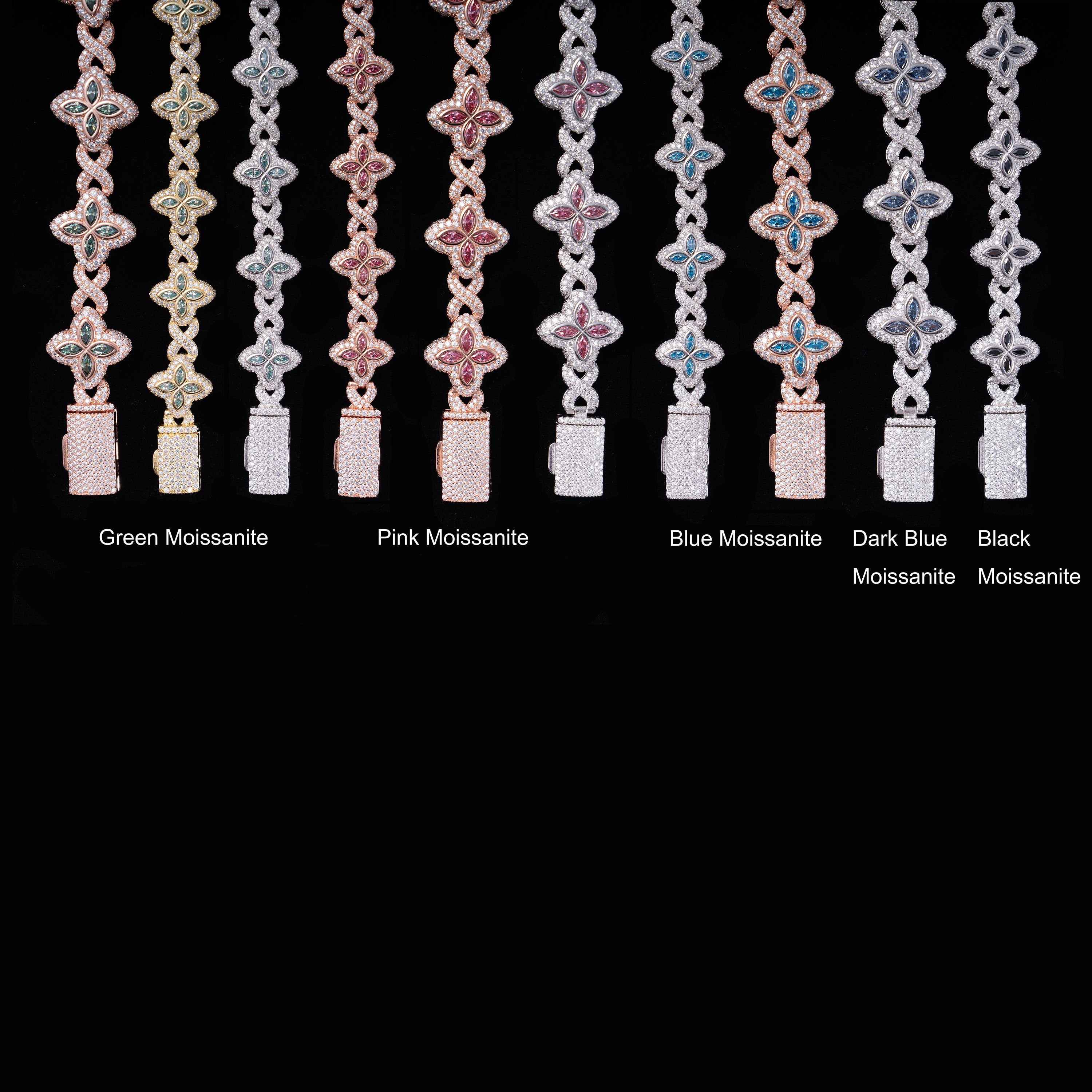 GL 15MM Colored Moissanite 4-Leaf Clover Infinity Link Bracelet