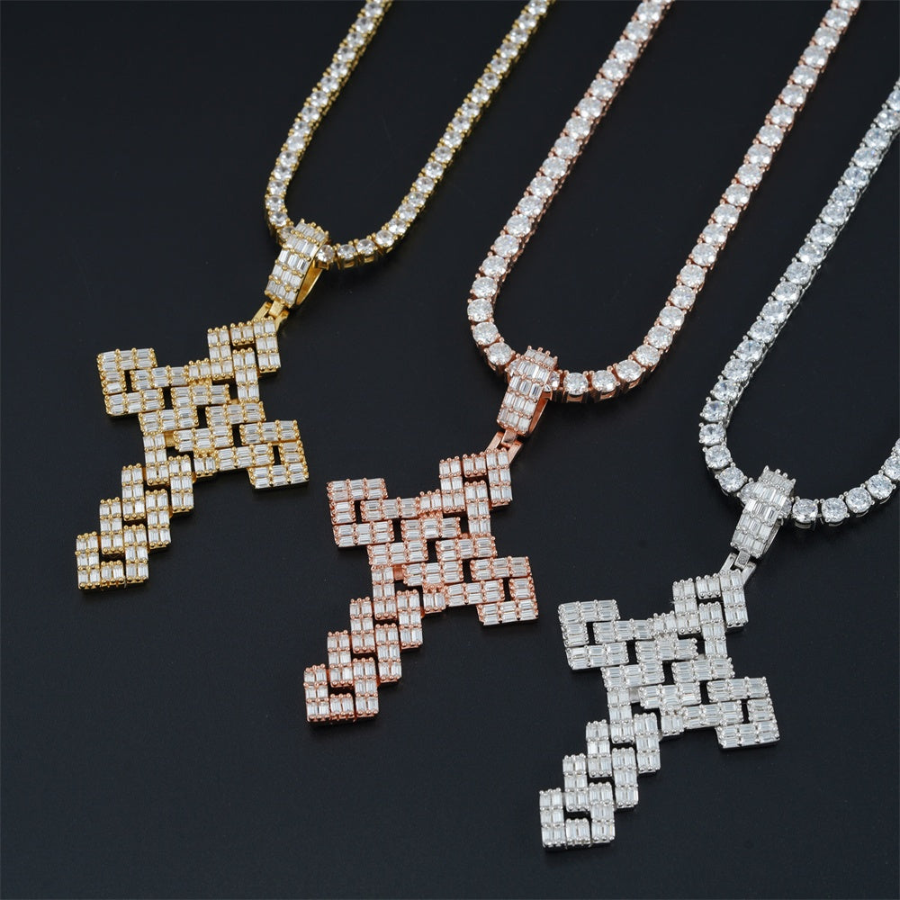 GL Emerald Cut Moissanite Cube Style Cross Pendant