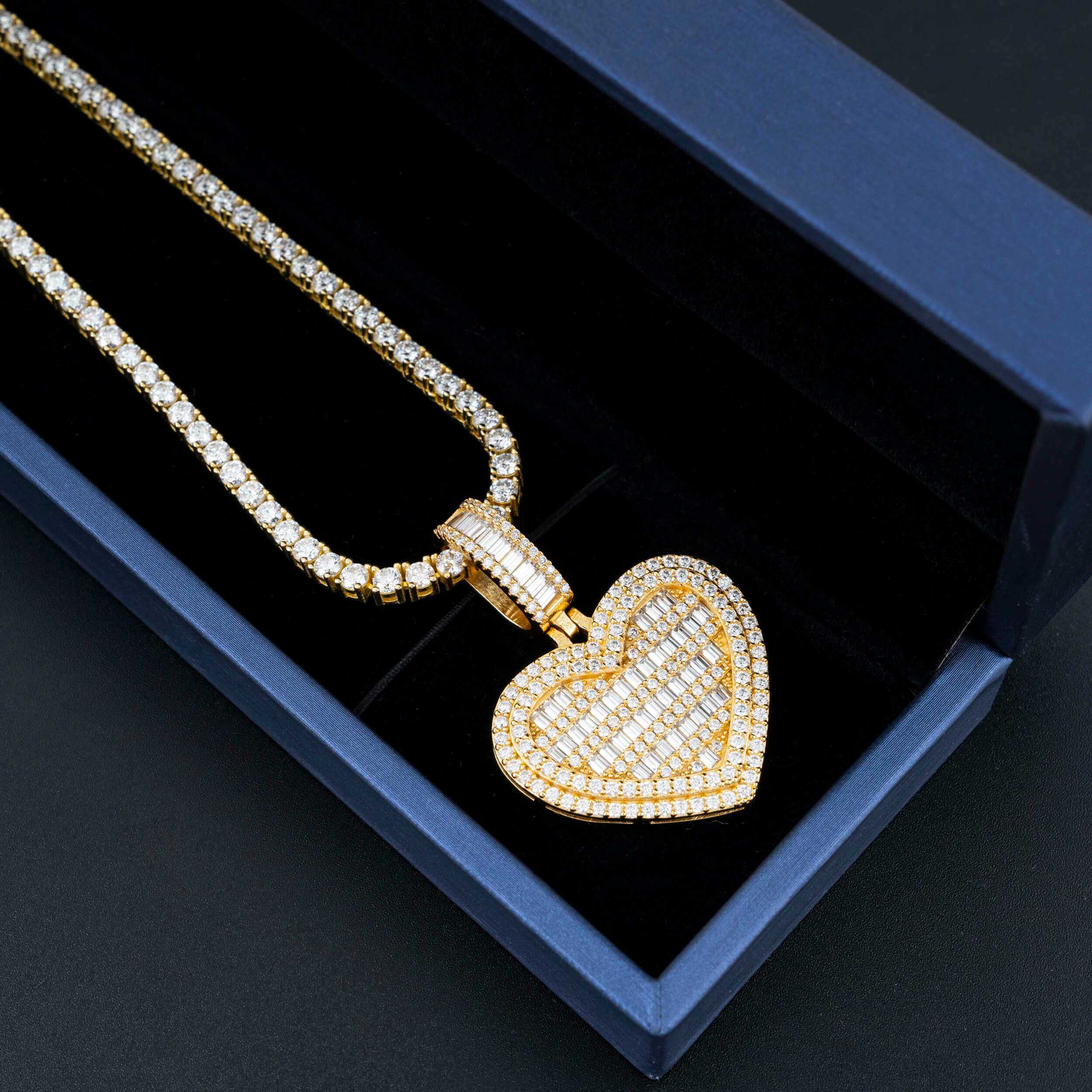 GL Heart Shape Double Halo S925 Silver Baguette Cut Moissanite Pendant