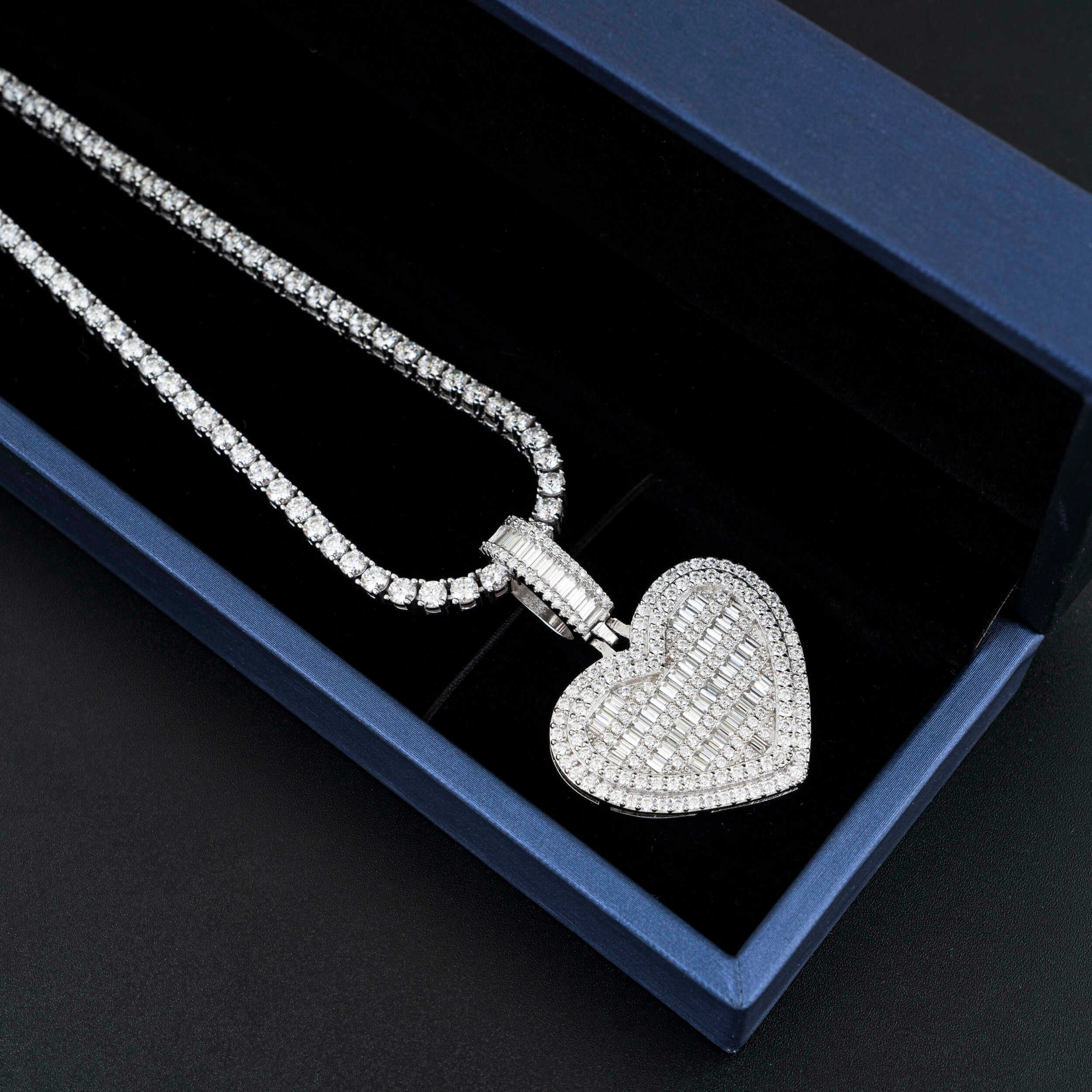GL Heart Shape Double Halo S925 Silver Baguette Cut Moissanite Pendant