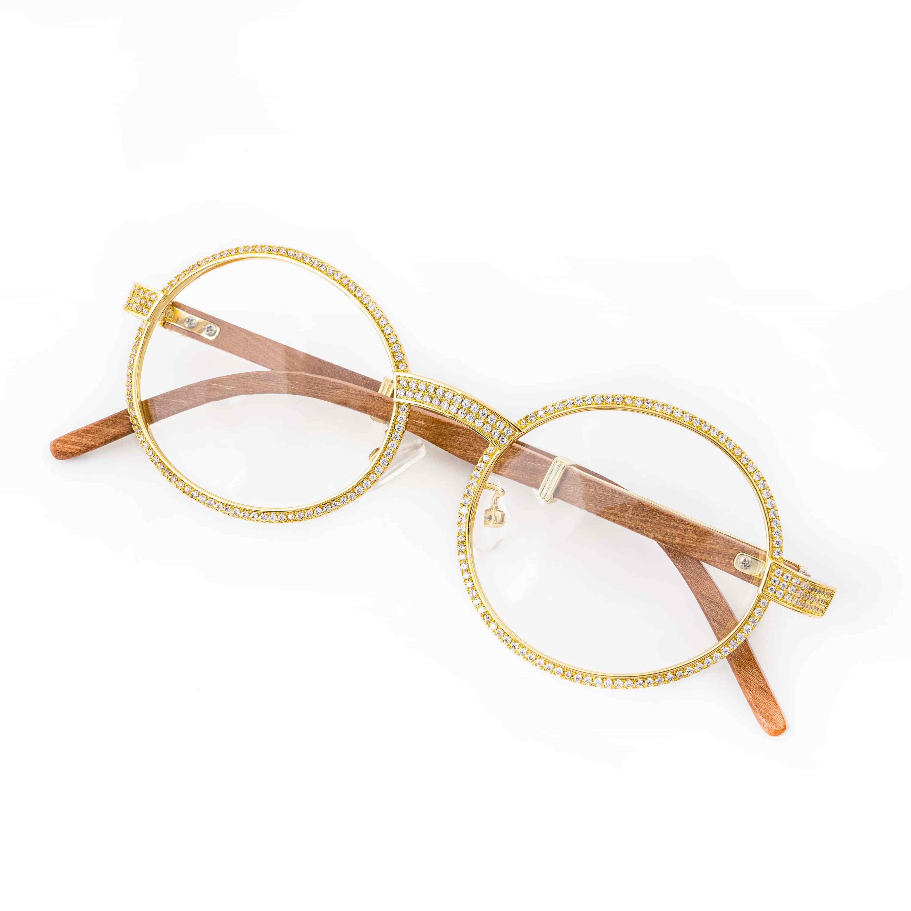 GL Hip Hop Iced Out 5A+ Diamond With Wooden glasses legs Glasses