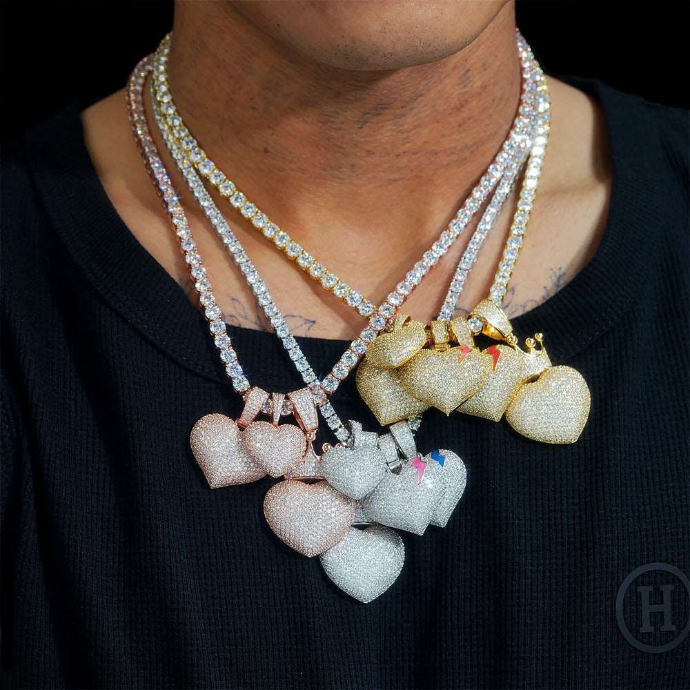 Four heart shaped brass zircon or 925 sterling silver moissanite pendants