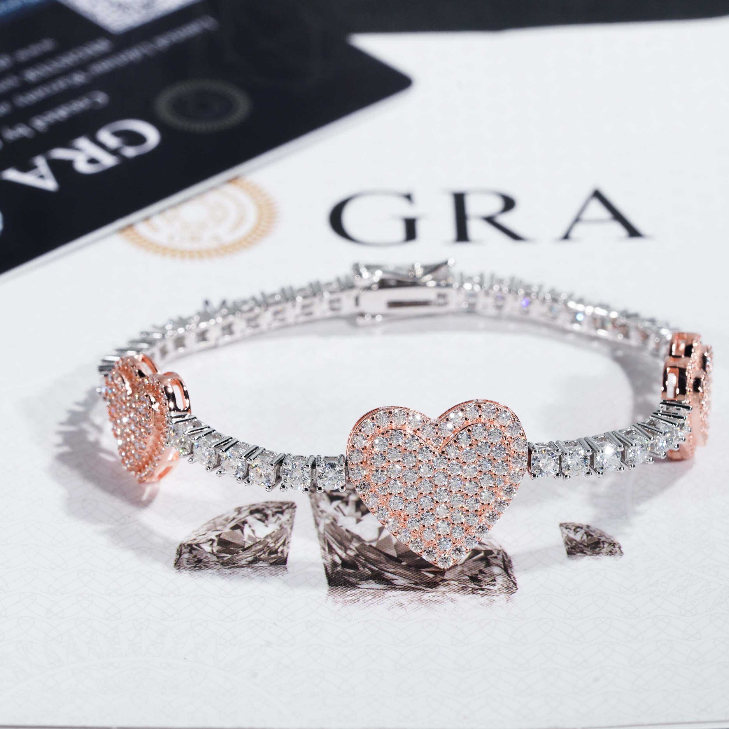 GL Heart Shaped 925 Silver VVS Moissanite Bracelet 3mm Tennis Chain
