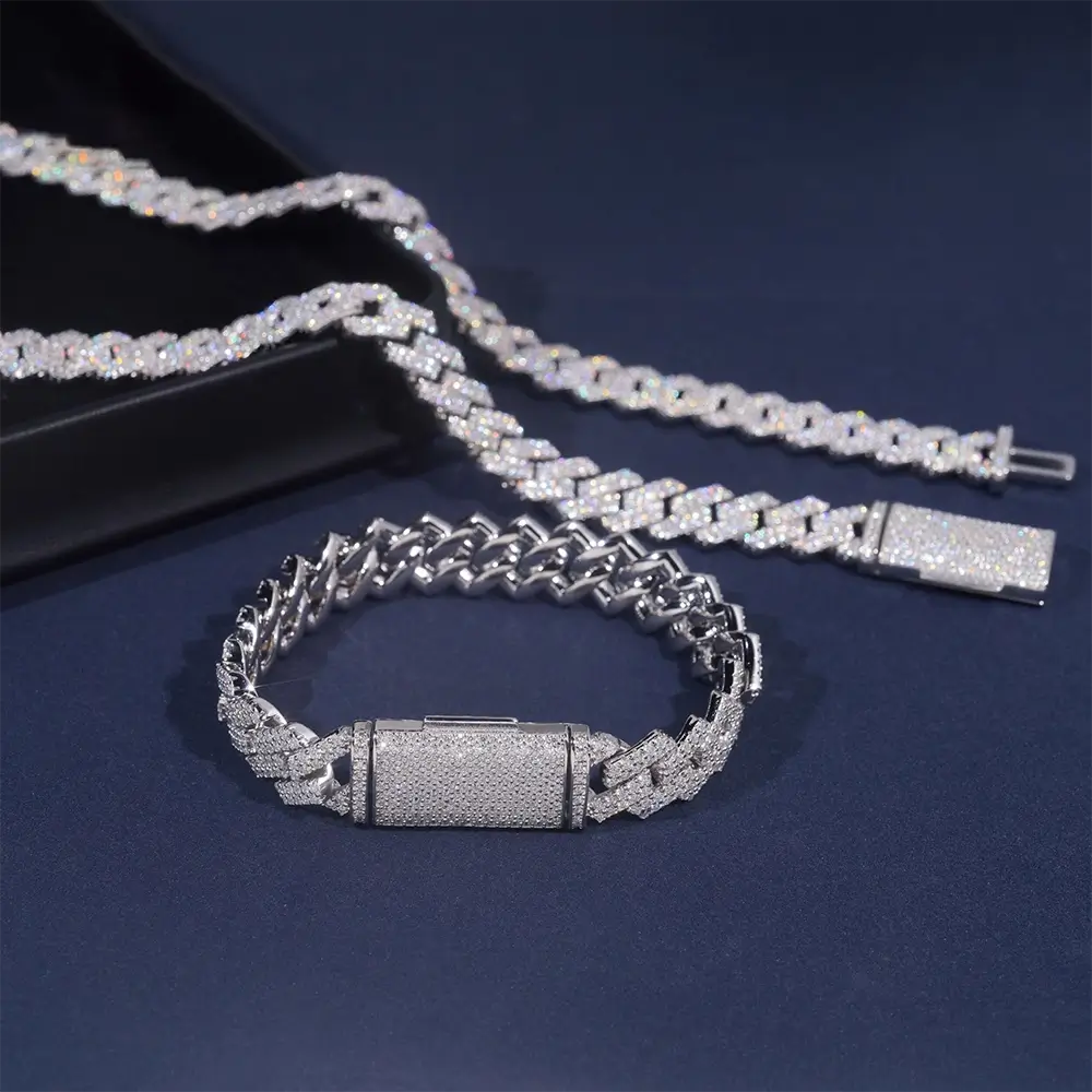 13MM 2 Rows VVS Moissanite Iced Out Cuban Link Chain Bracelet Necklace