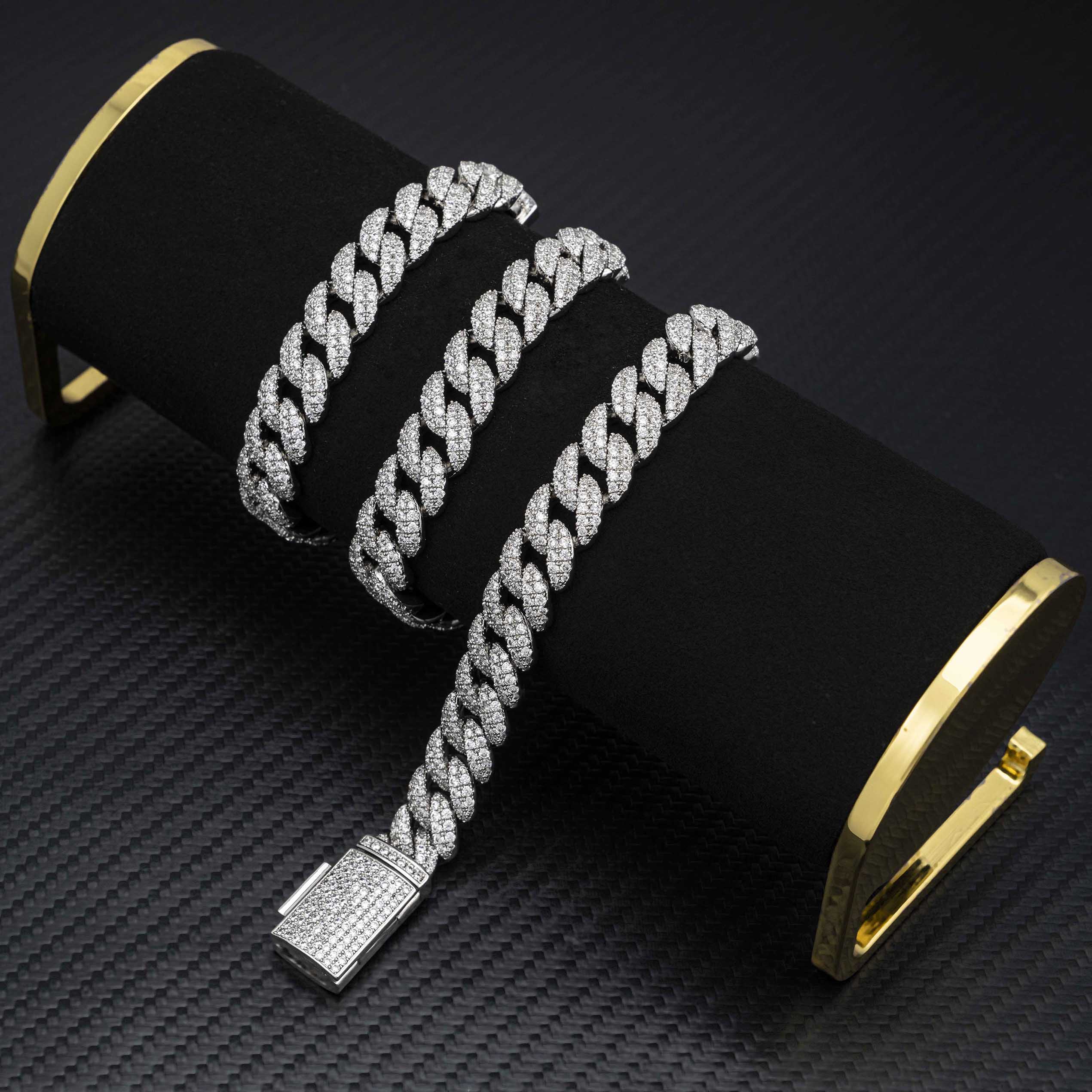 12MM 2 Rows Micro Paved VVS Moissanite Iced Out Cuban Link Chain Necklace