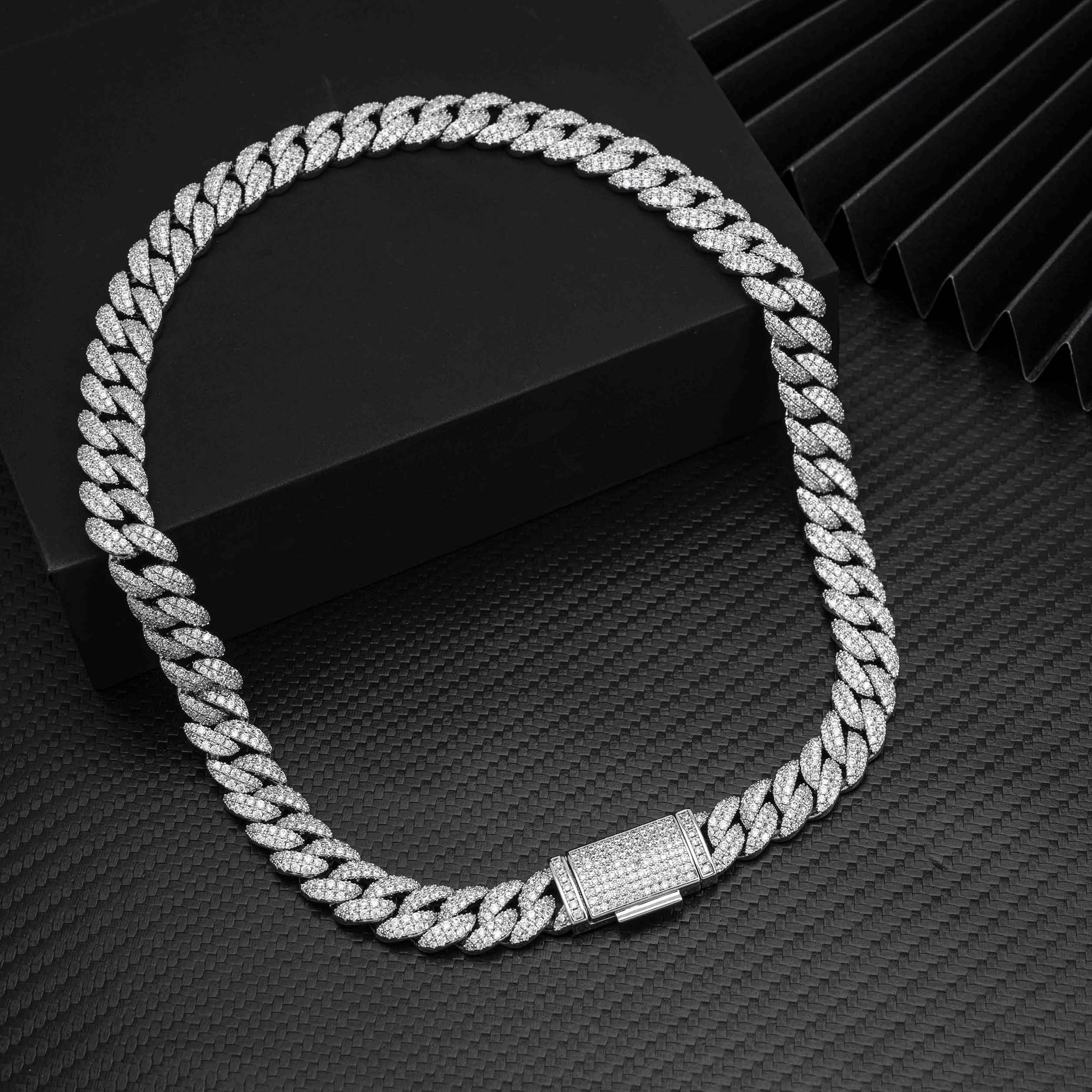 12MM 2 Rows Micro Paved VVS Moissanite Iced Out Cuban Link Chain Necklace