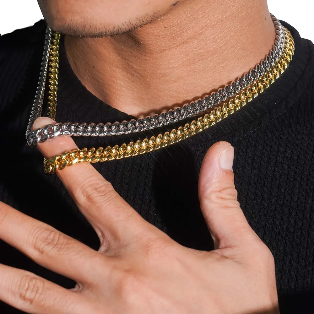 6MM 8MM 10MM 12MM 14MM Stainless Steel Silver Button end Cuban Chain Necklace