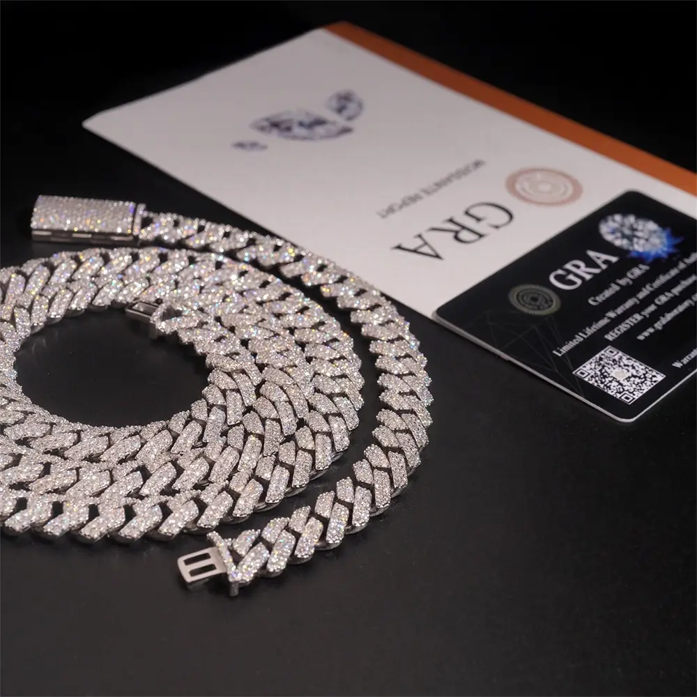 12MM 2 Rows VVS Moissnaite Drill Rhomb-edged Cuban Link Chain