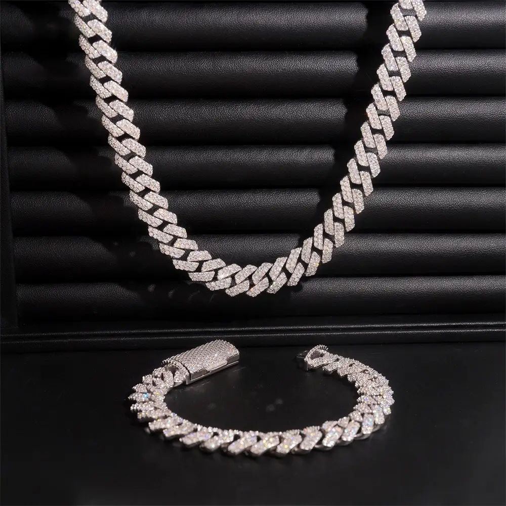 12MM 2 Rows VVS Moissnaite Drill Rhomb-edged Cuban Link Chain