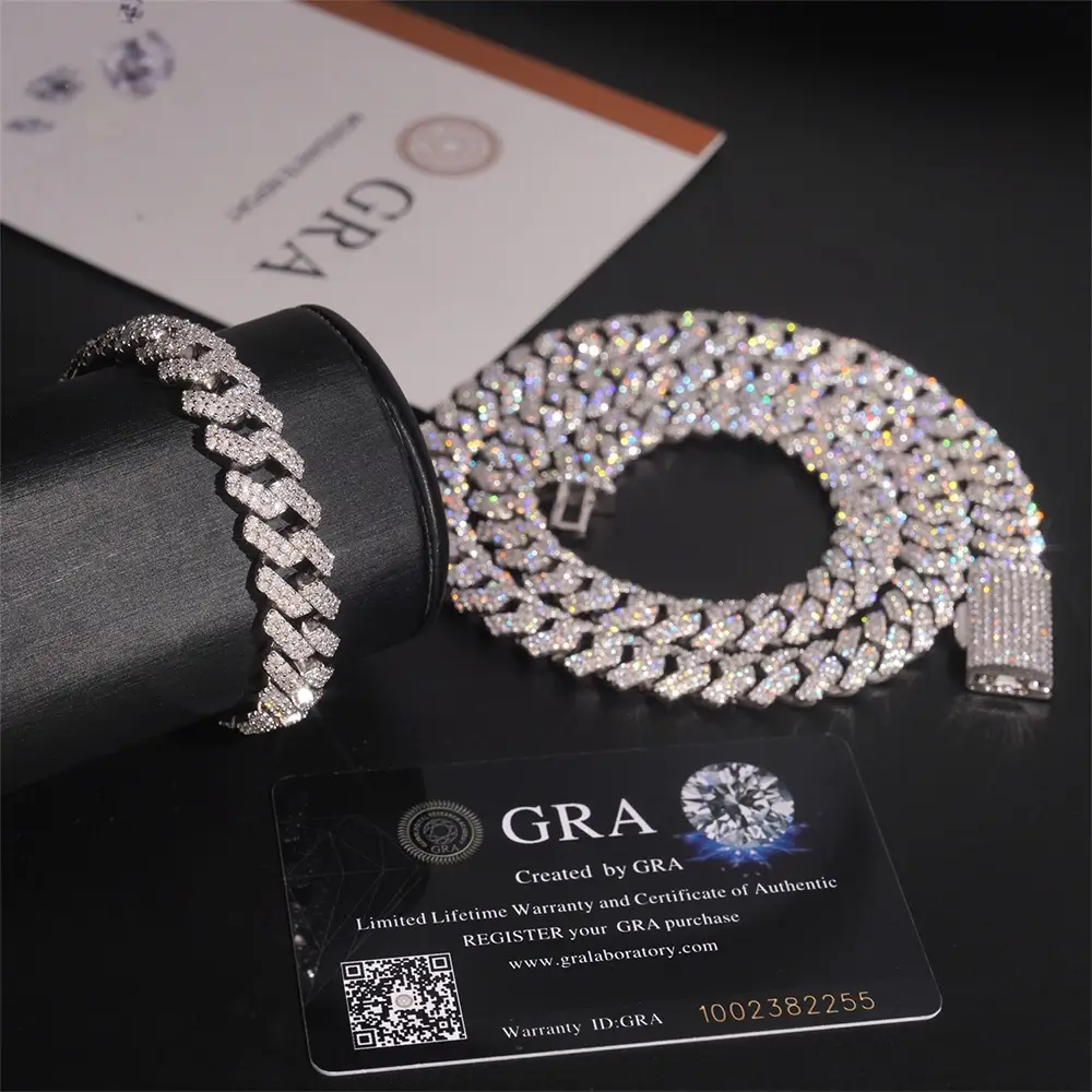 12MM 2 Rows VVS Moissnaite Drill Rhomb-edged Cuban Link Chain