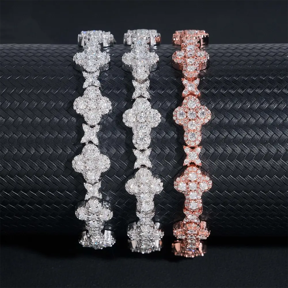10MM 13MM Iced Out Clover VVS Moissanite Diamond Cuban Chain Bracelet