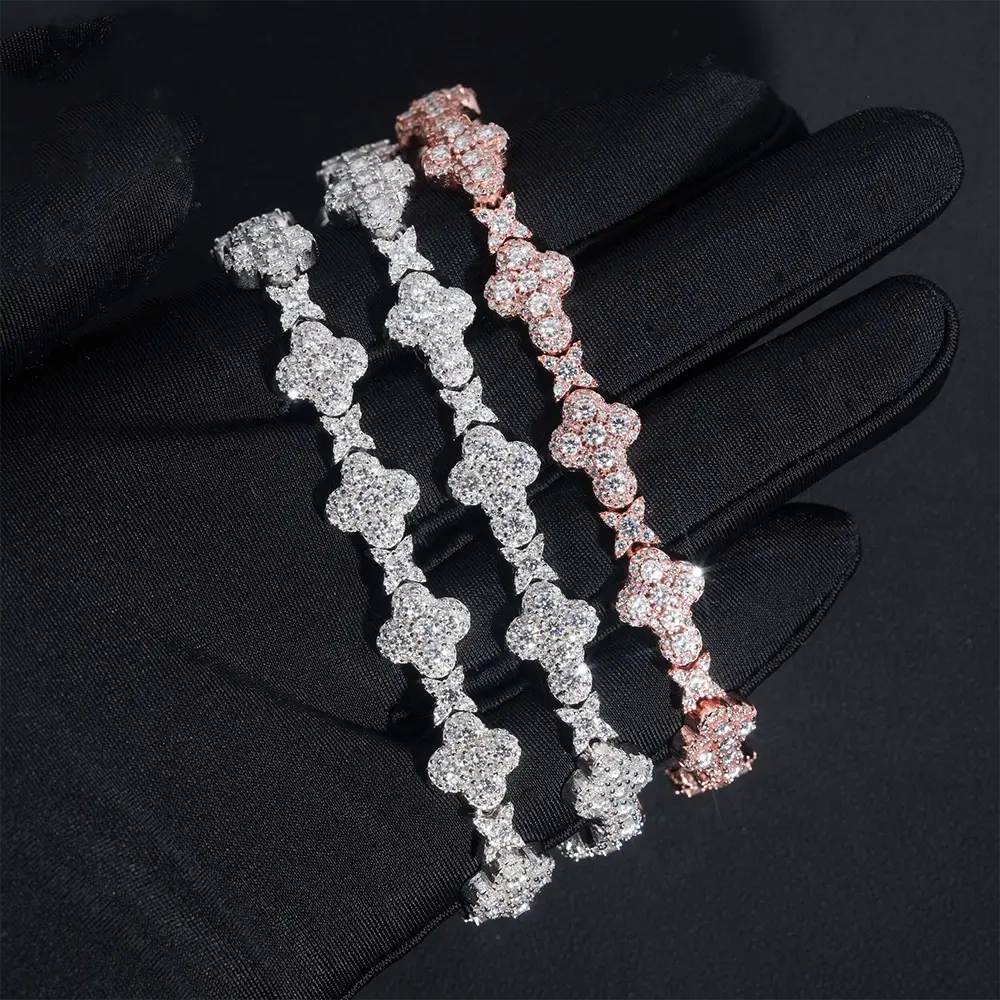 10MM 13MM Iced Out Clover VVS Moissanite Diamond Cuban Chain Bracelet