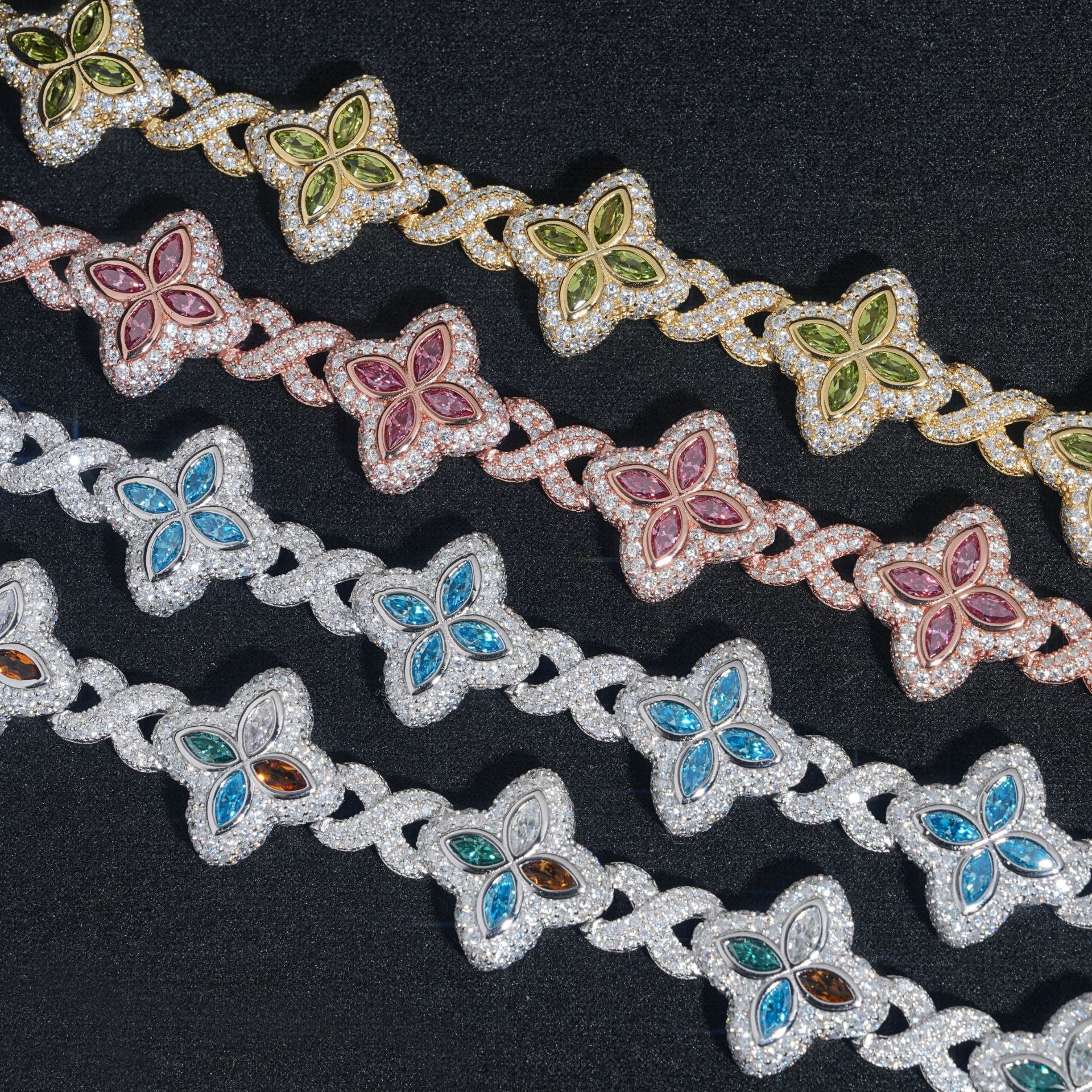 GL 19MM Colored Moissanite 4-Leaf Clover Infinity Link Bracelet