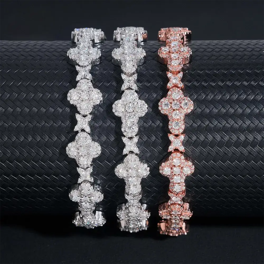 10MM Cross Hip Hop Prong Set VVS Moissanite Cuban Link Chain Bracelet