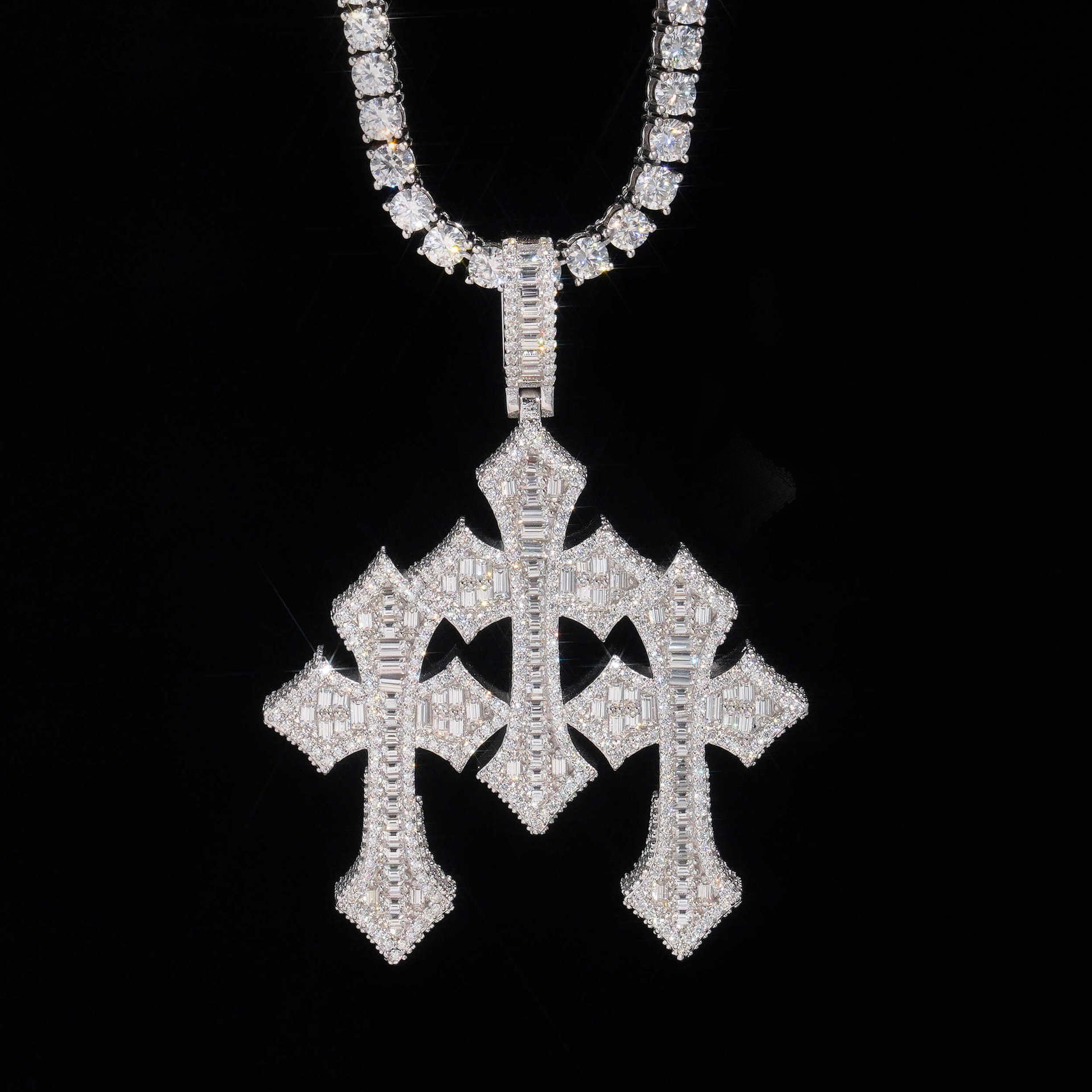 GL Triple Cross Hip Hop Silver Baguette 5A+ Diamond Pendant