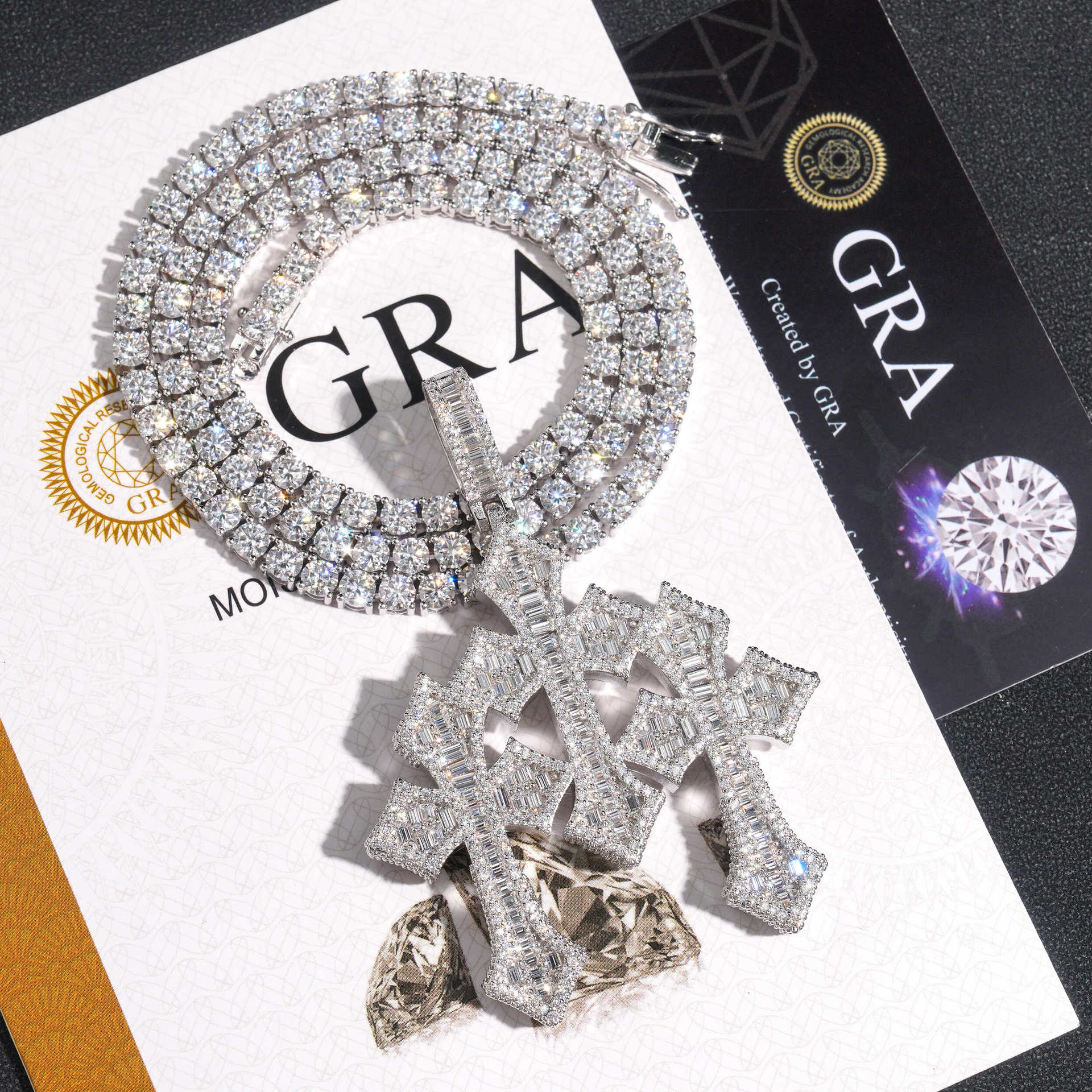 GL Triple Cross Hip Hop Silver Baguette 5A+ Diamond Pendant