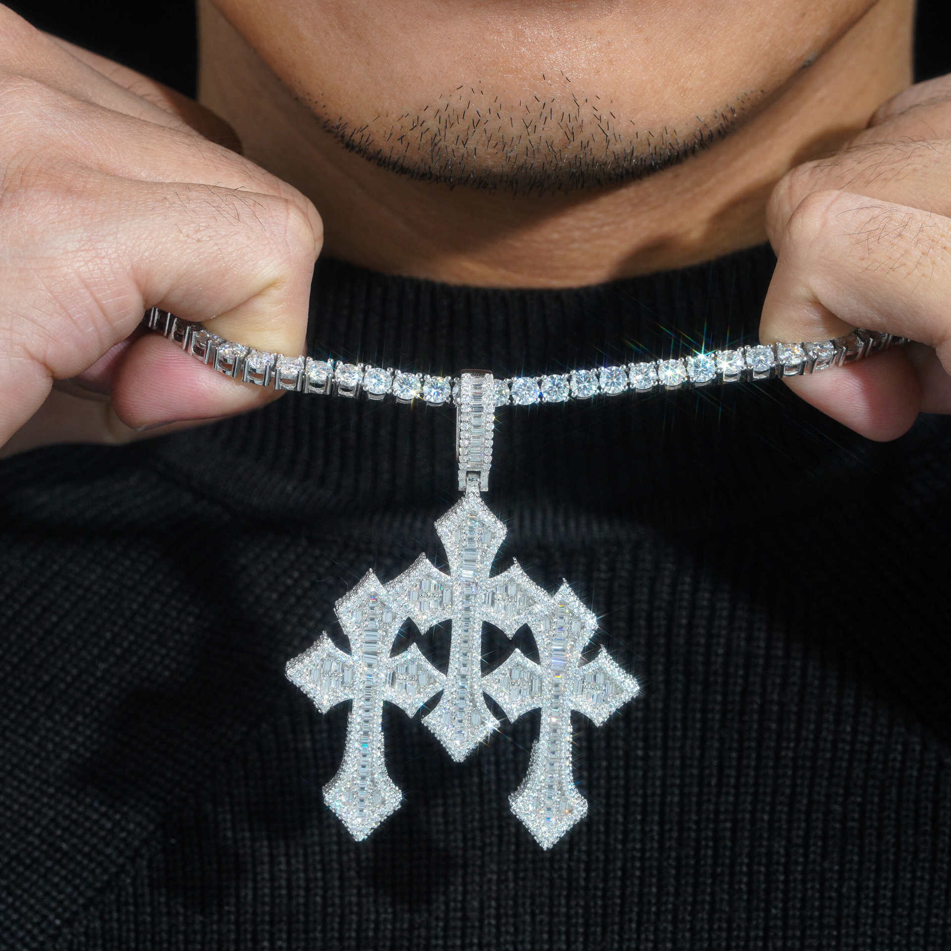 GL Triple Cross Hip Hop Silver Baguette 5A+ Diamond Pendant