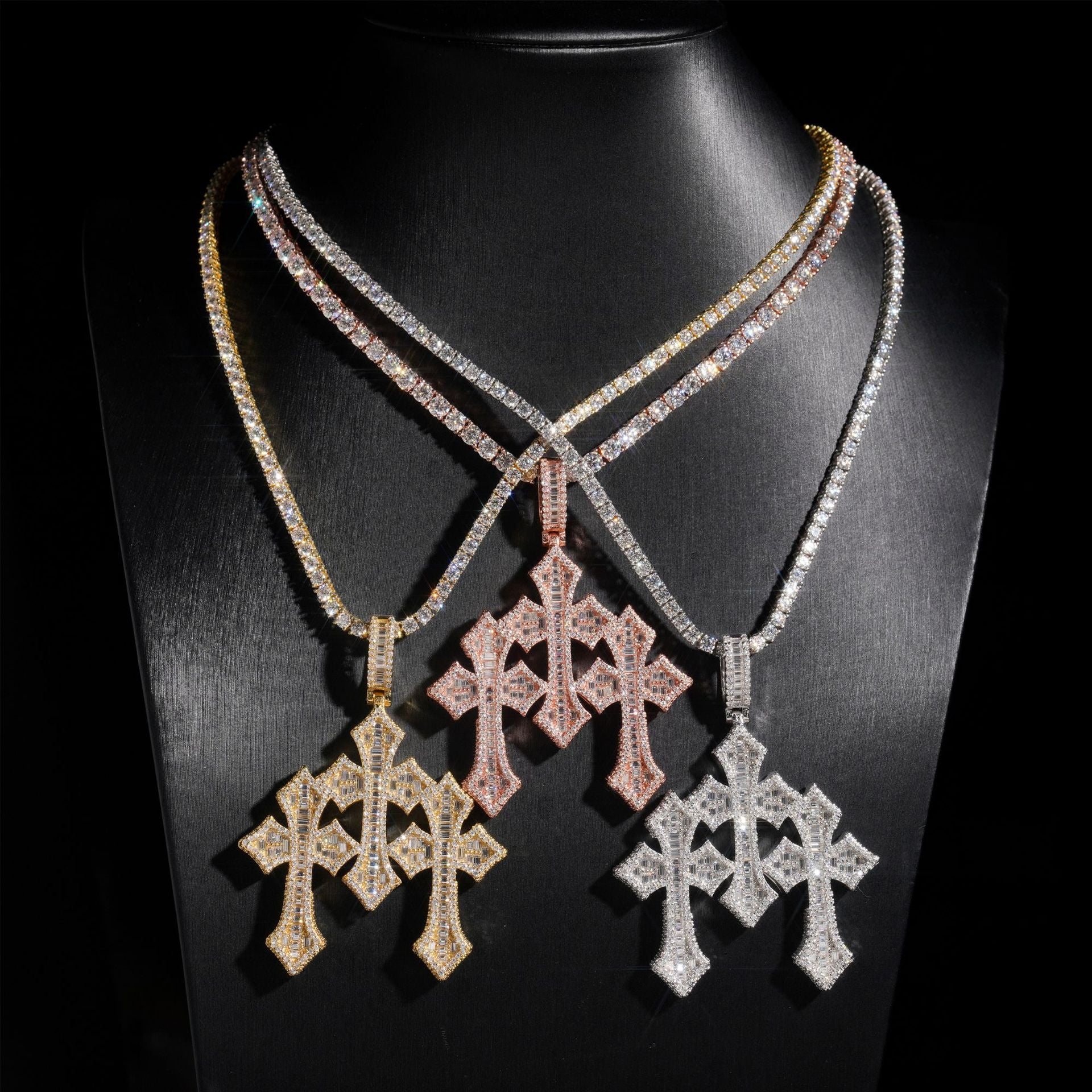GL Triple Cross Hip Hop Silver Baguette 5A+ Diamond Pendant