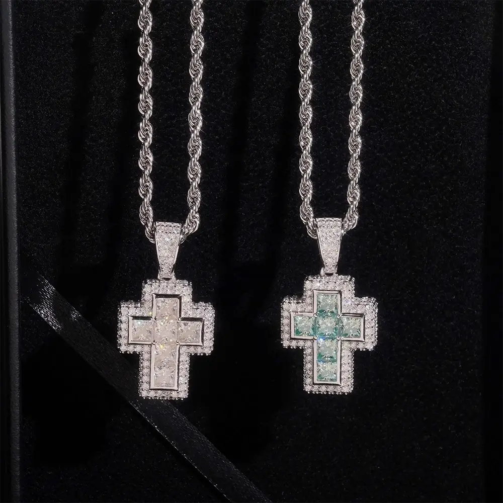 Iced Out  Princess Cut Moissanite Cross Pendant Necklace