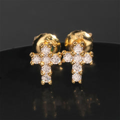 【US 3 Days Delivery】GL Iced Out Tiny Cross Earring Paved VVS Round Cut Moissanite  16K Gold Plated