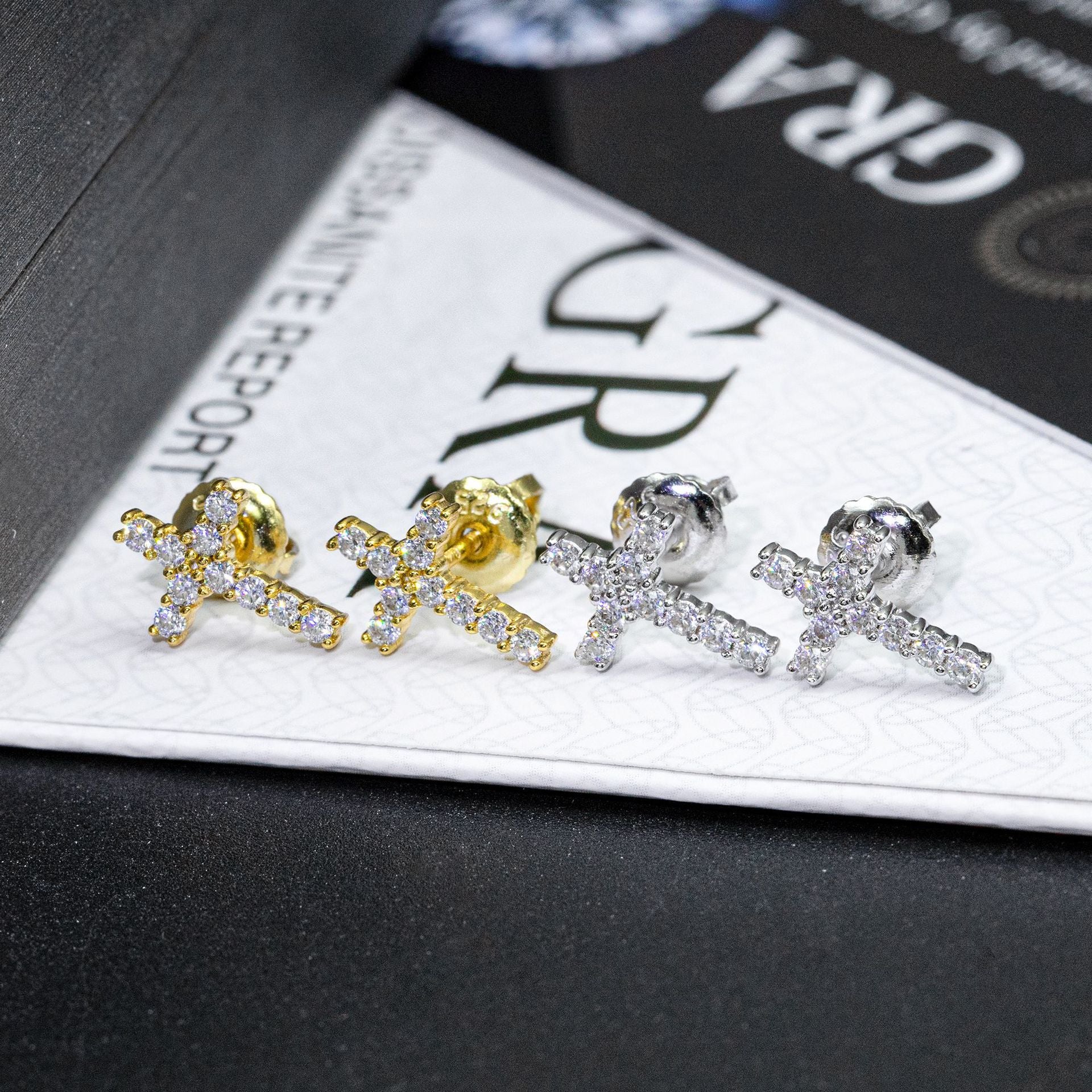 【US 3 Days Delivery】GL Iced Out Cross Earring Paved VVS Round Cut Moissanite  16K Gold Plated