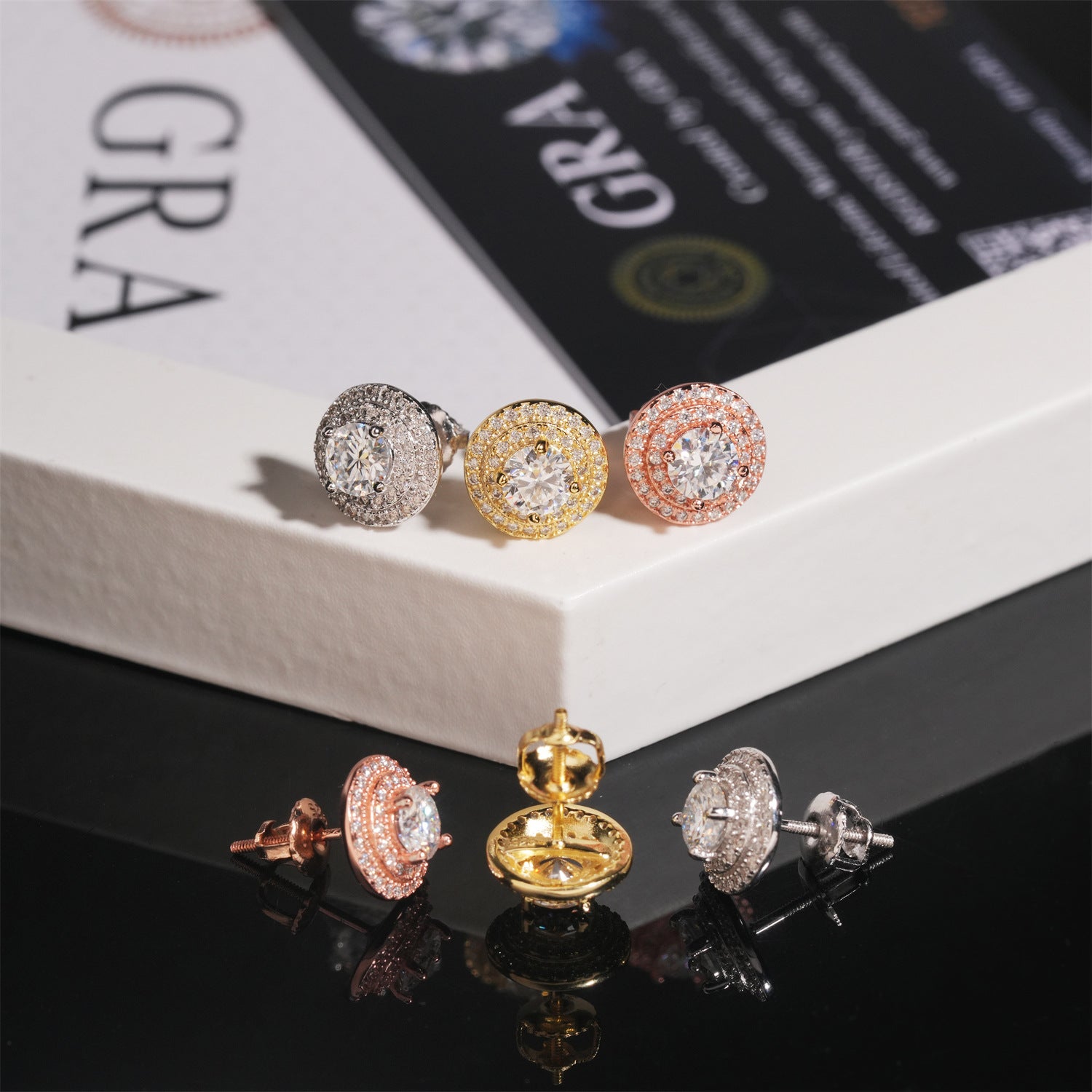 【US 3 Days Delivery】GL 10mm Full Moissanite lced Out Double Halo 16K Gold Plated S925 Silver Earrings