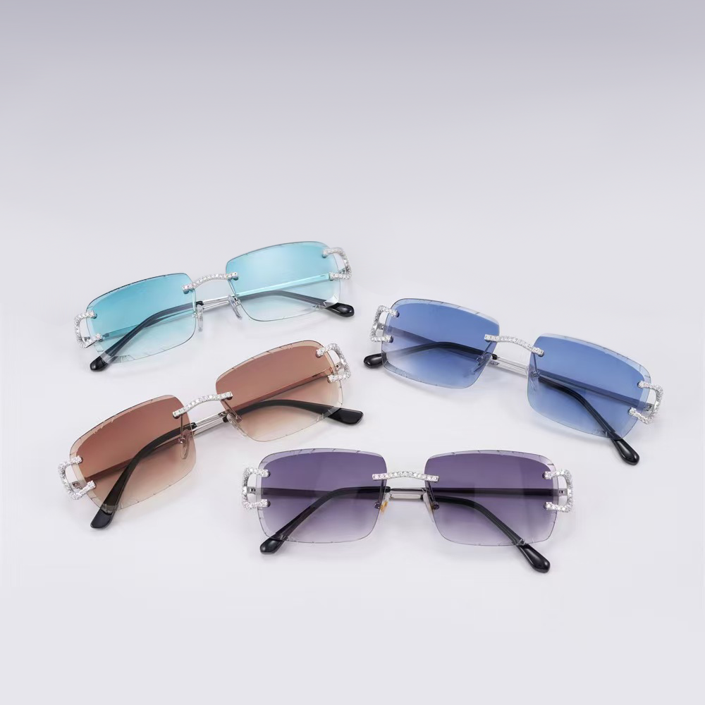 GL Hip-Hop Rimless Sunglasses VVS Moissanite Inlay Bridge & Multicolor Lenses Metal Arms