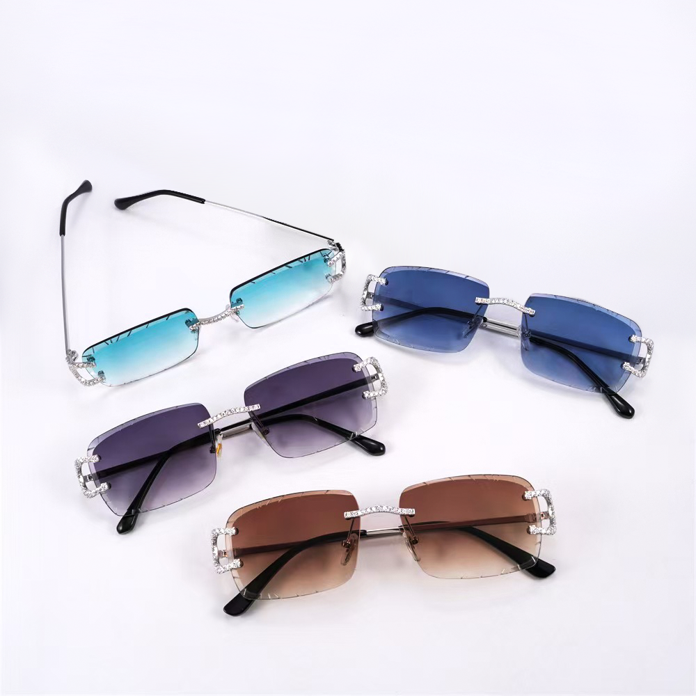 GL Hip-Hop Rimless Sunglasses VVS Moissanite Inlay Bridge & Multicolor Lenses Metal Arms