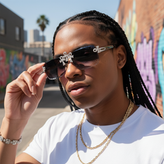 GL Hip-Hop Rimless Sunglasses VVS Moissanite  Ankh  Bridge & Multicolor Lenses Red Wooden Arms