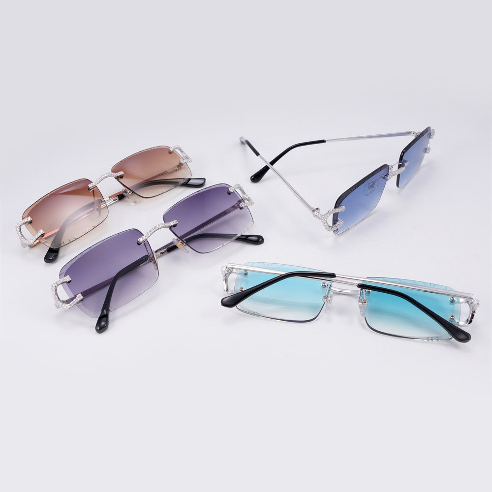 GL Hip-Hop Rimless Sunglasses VVS Moissanite Inlay Bridge & Multicolor Lenses Metal Arms