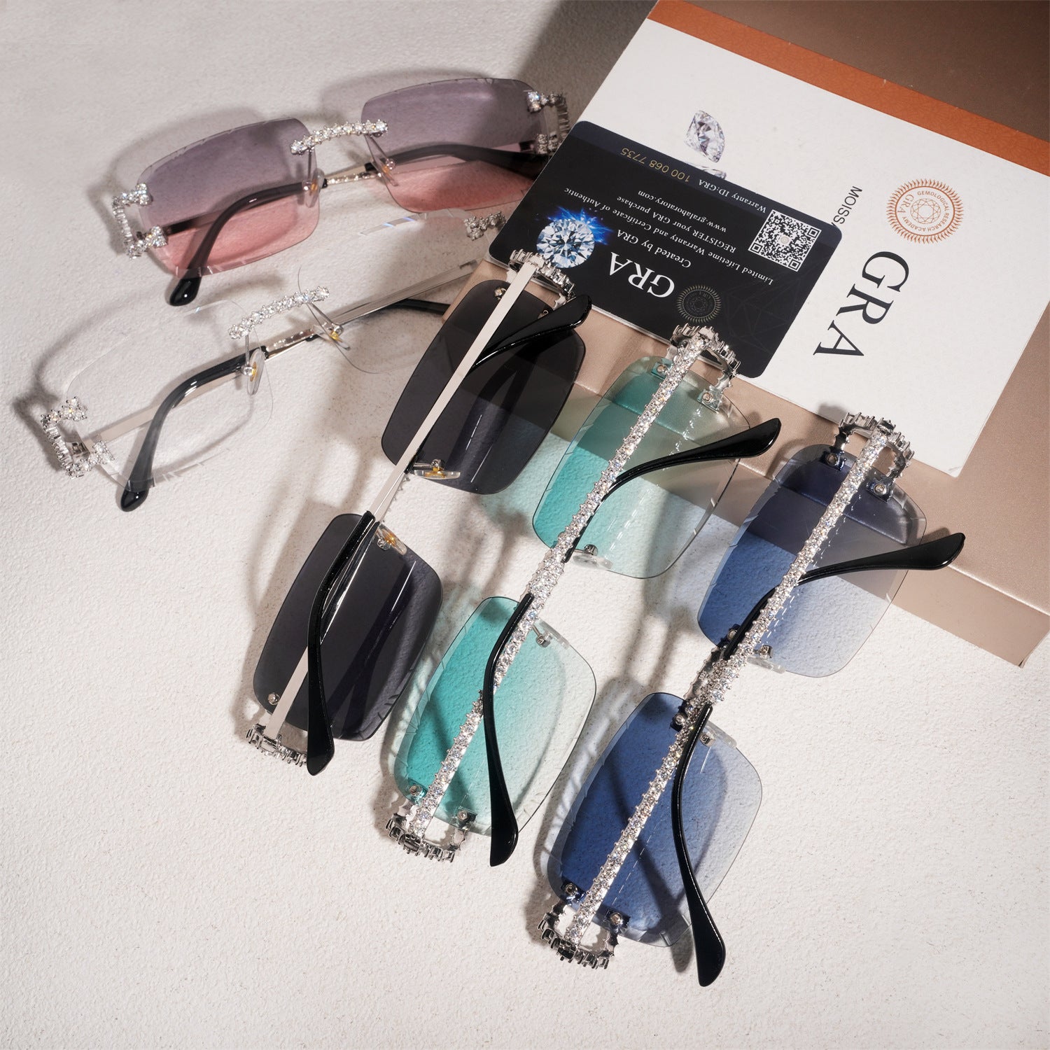 GL Hip-Hop Rimless Sunglasses VVS Moissanite Inlay Metal Arms & Multicolor Lenses