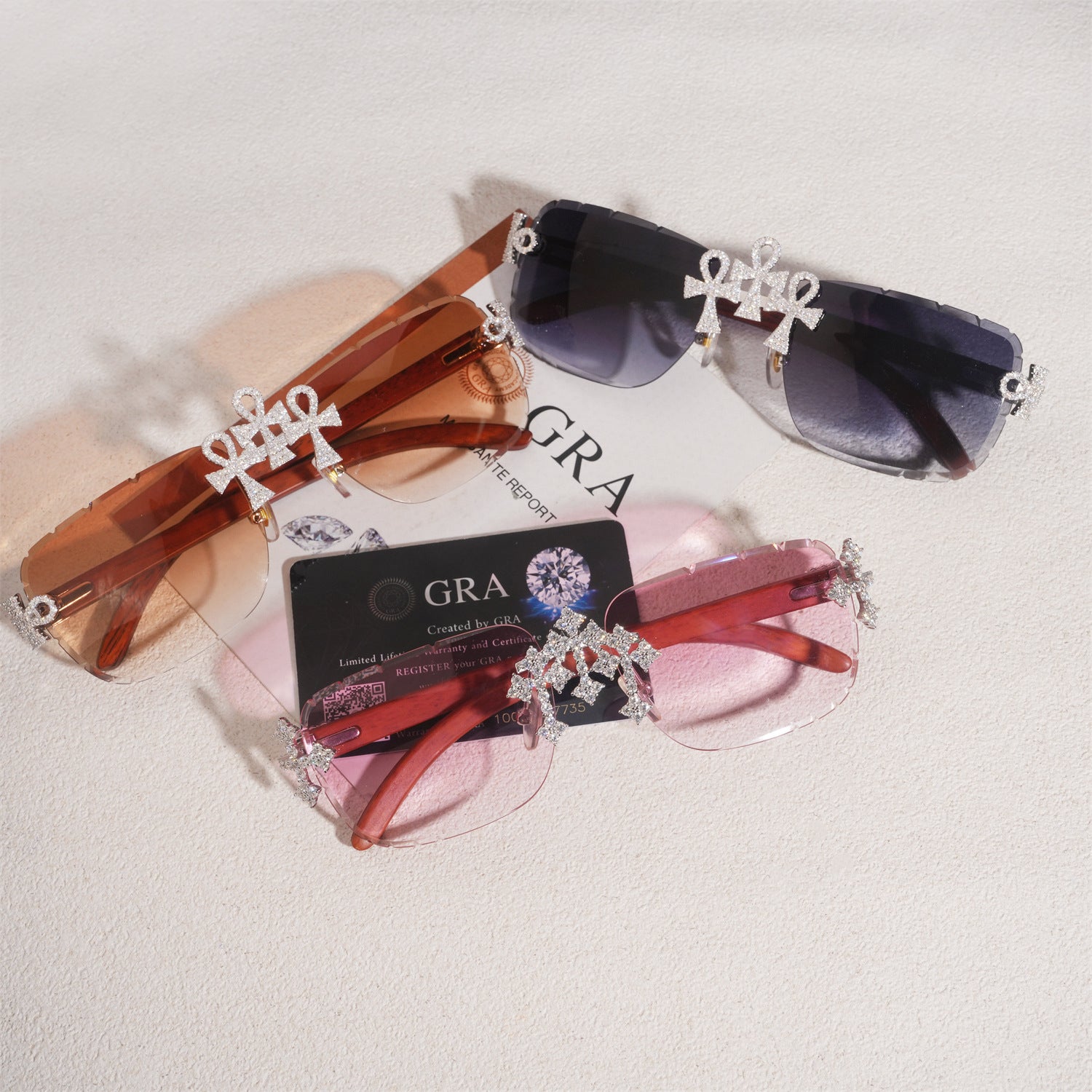 GL Hip-Hop Rimless Sunglasses VVS Moissanite  Ankh  Bridge & Multicolor Lenses Red Wooden Arms