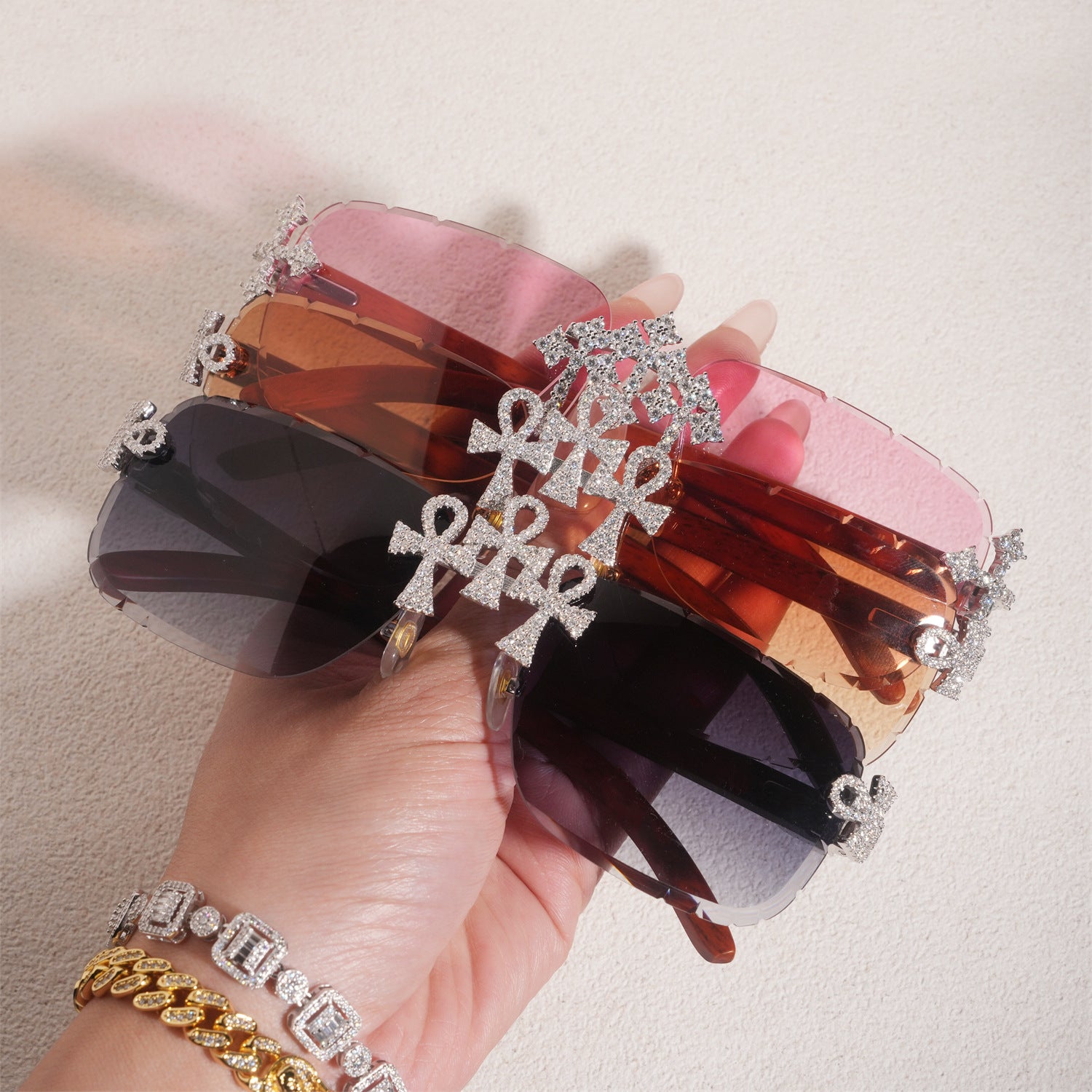 GL Hip-Hop Rimless Sunglasses VVS Moissanite  Ankh  Bridge & Multicolor Lenses Red Wooden Arms