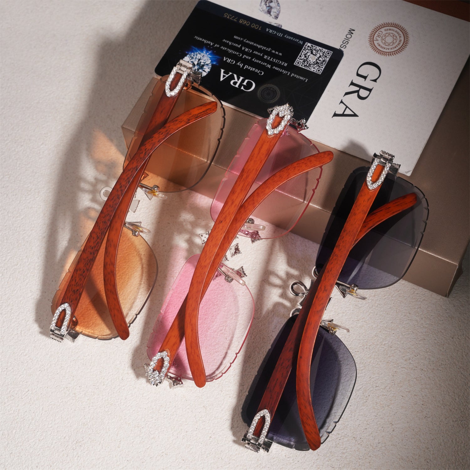 GL Hip-Hop Rimless Sunglasses VVS Moissanite  Ankh  Bridge & Multicolor Lenses Red Wooden Arms