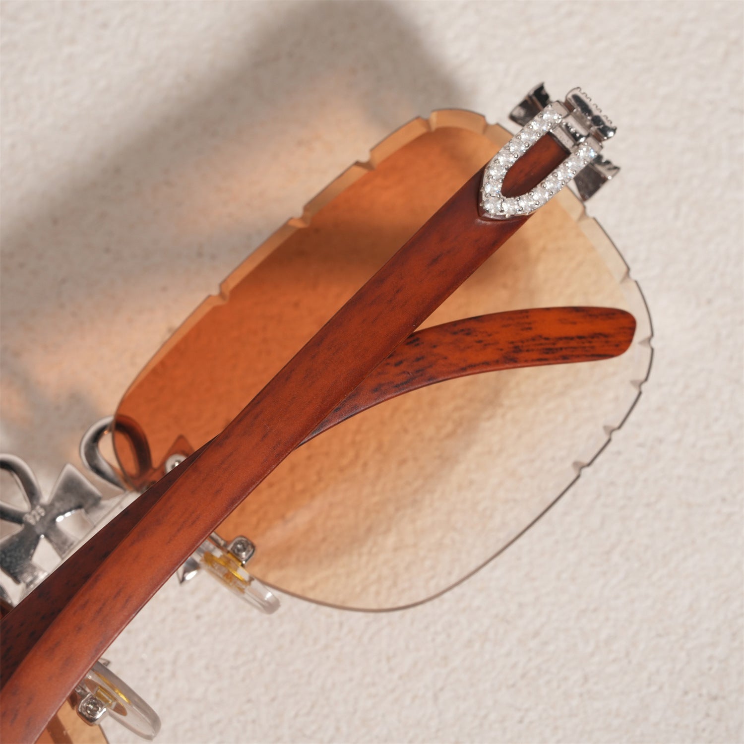 GL Hip-Hop Rimless Sunglasses VVS Moissanite  Ankh  Bridge & Multicolor Lenses Red Wooden Arms