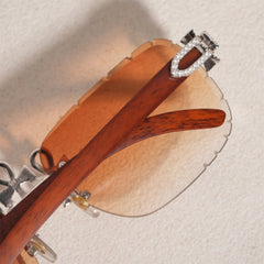 GL Hip-Hop Rimless Sunglasses VVS Moissanite  Ankh  Bridge & Multicolor Lenses Red Wooden Arms