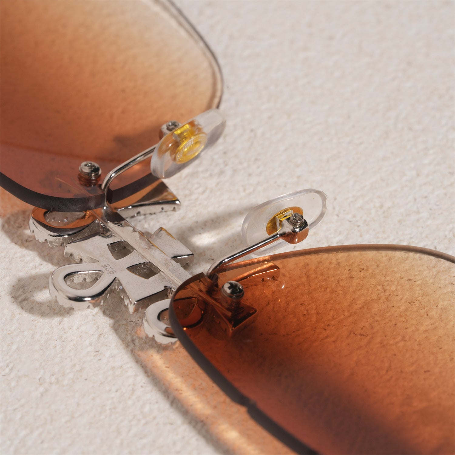 GL Hip-Hop Rimless Sunglasses VVS Moissanite  Ankh  Bridge & Multicolor Lenses Red Wooden Arms